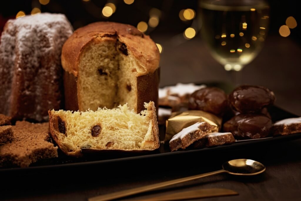 Panettone, pandoro, gingerbread, glazed chestnuts, traditional Christmas sweets