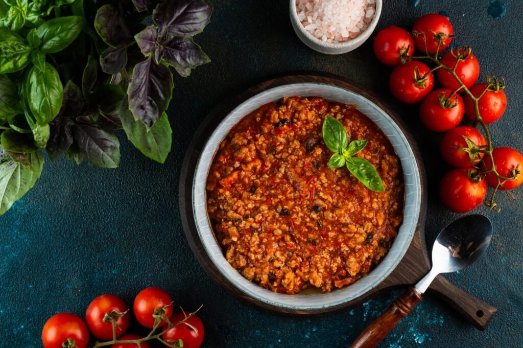 classic italian bolognese sauce. Preparing lasagna. Making lasagna sauce. Italian food. Meat stew.